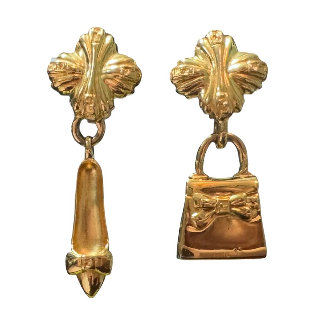 Auth. Vintage Rare Fendi FF Gold Plated Chunky Purse Shoe Dangle Drop Earrings